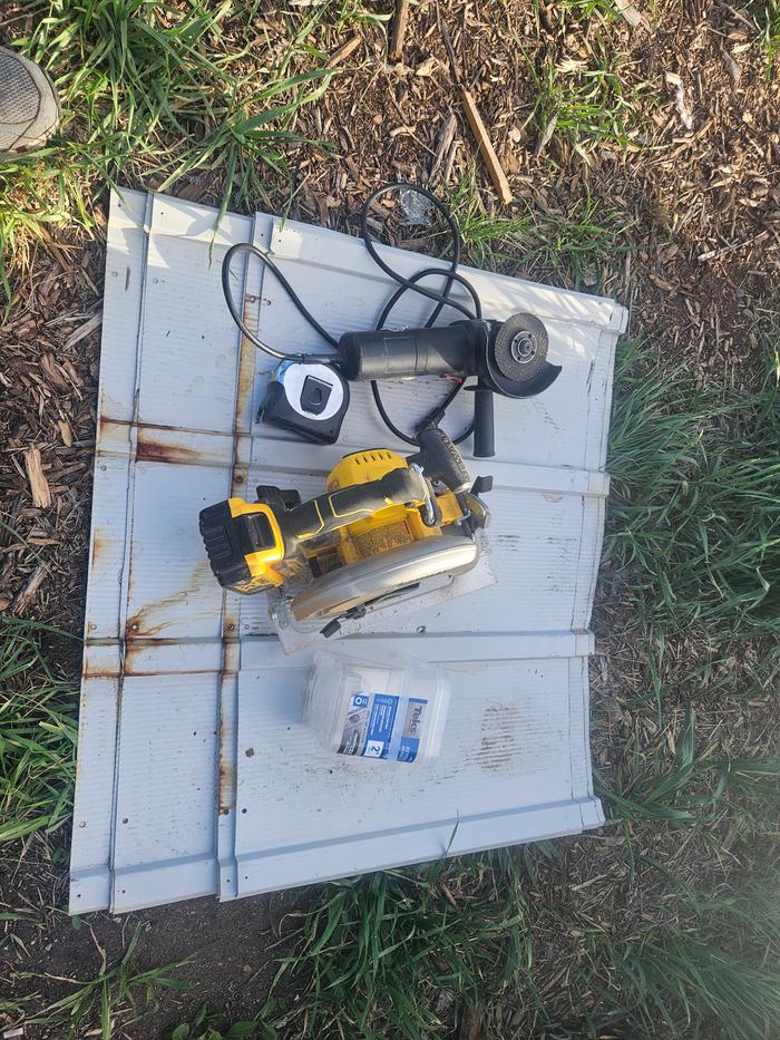 Tools: metal sheets, angle grinder for cutting, tape measure and speed square, pencil and drill