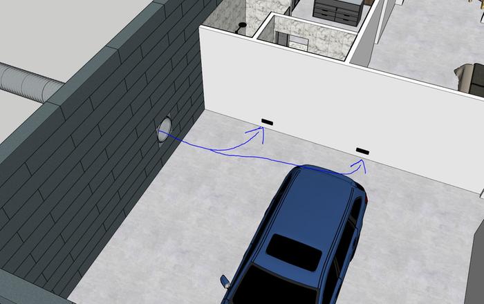 cool air enters the garage and is distributed throughout the home using wall registers & positive pressure