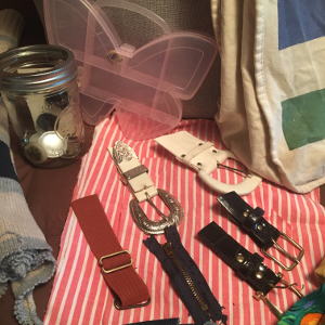 harvested fasteners: buttons, zipper, and belt buckles