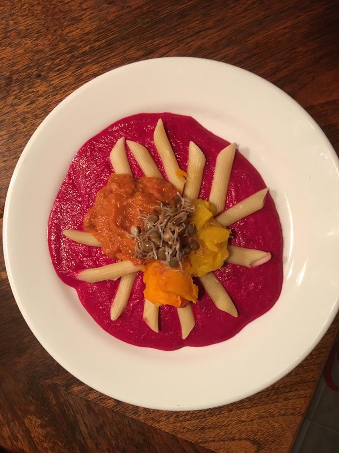 Dinner.. beet ginger soup and roasted squash with pasta and lentil sprouts 