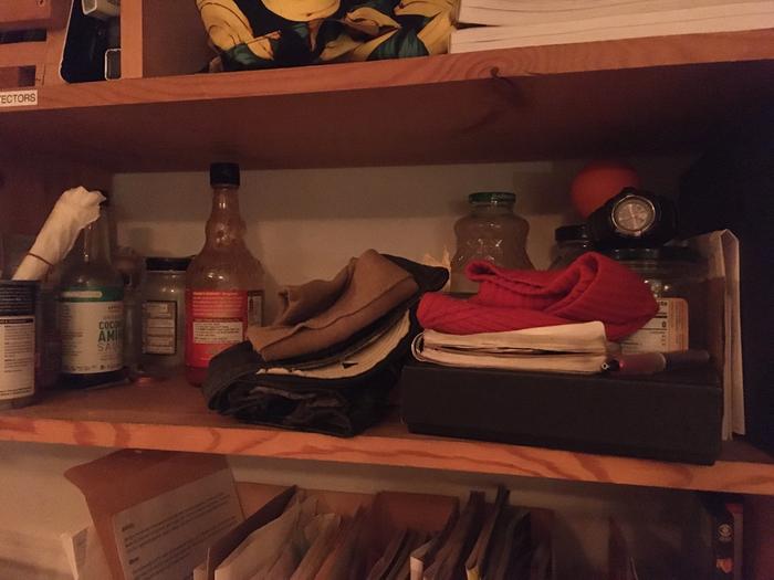 My cubby has my bare essentials plus some empty jars.. I don’t know why I have such a fascination with containers.. i like boxes also, but they don’t fit in my cubby