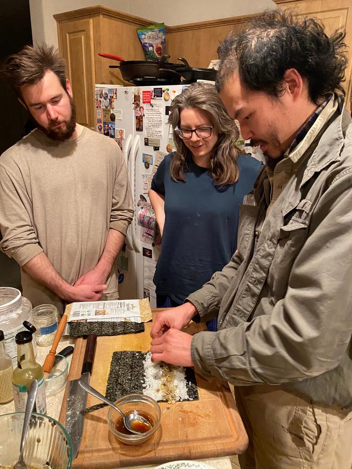 impromptu sushi night (Tamago Tuesday we called it.. josiah and jen study what i learned as a sushi making apprentice from back in 2014 (my year of yes).. btw, the food was vegetarian, and the experience was super delicious &amp;#61;D