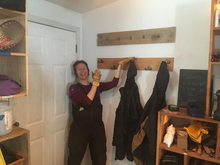 Yay J!! Coat hooks~! The board is made from scrap wood