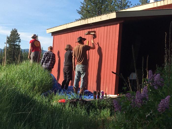 Painting the red cabin .. go boots!!!