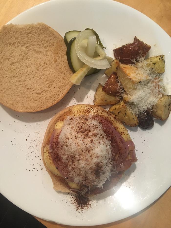 Yummy salmon Patty and potatoes topped with Parmesan.. thanks J!