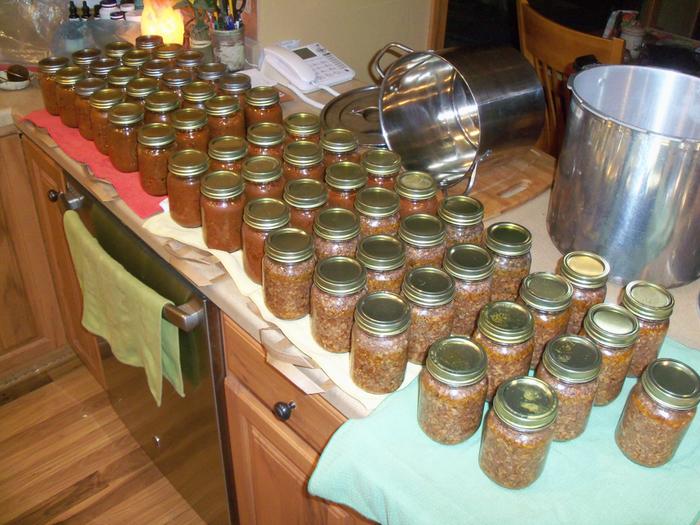 Chili on the upper left and sausage on the lower right. Pint jars