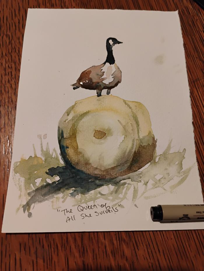 Watercolour goose on a hay bale