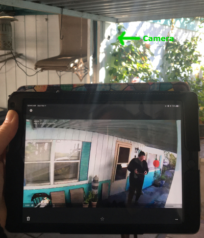 Porch View Camera (top center with green arrow) with Video Surveillance playing on my tablet