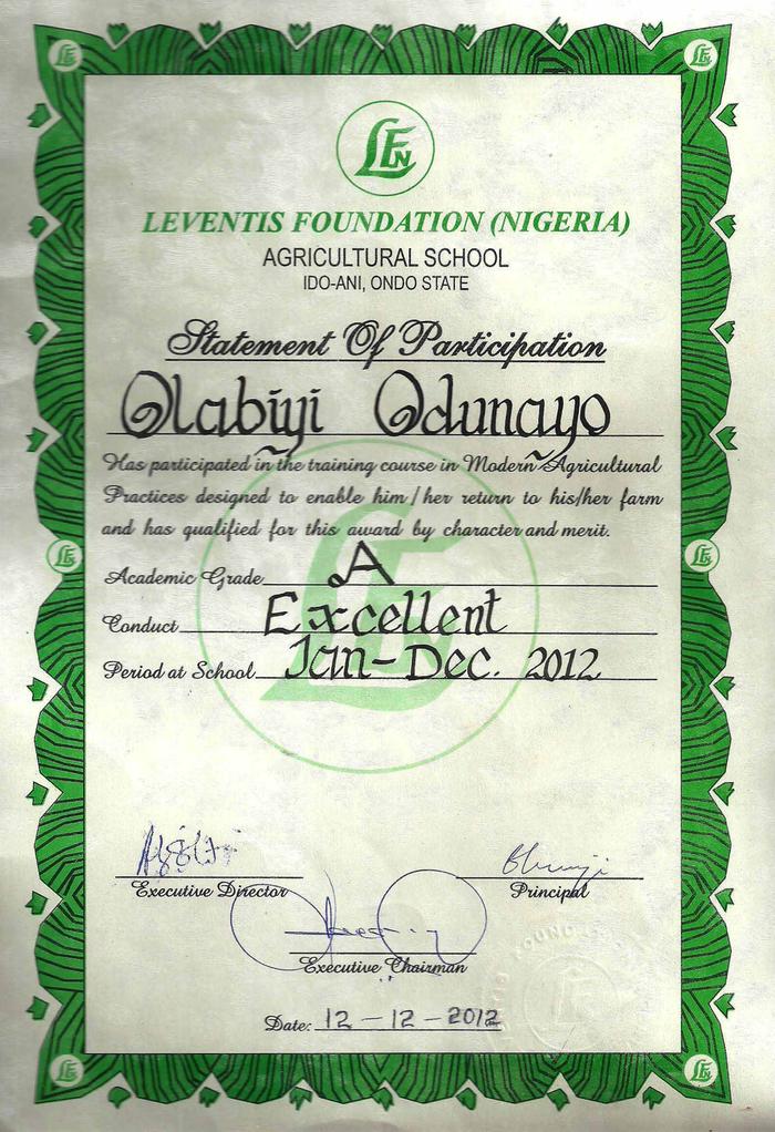 My Leventis Agricultural Training School Foundation Nigeria Certificate 