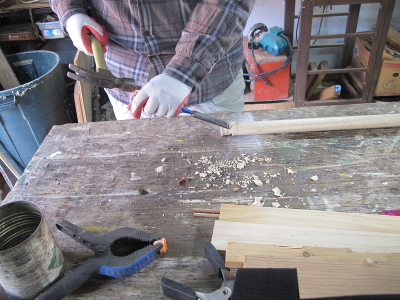 Using a chisel to notch the ends of the Loom Bar dowels