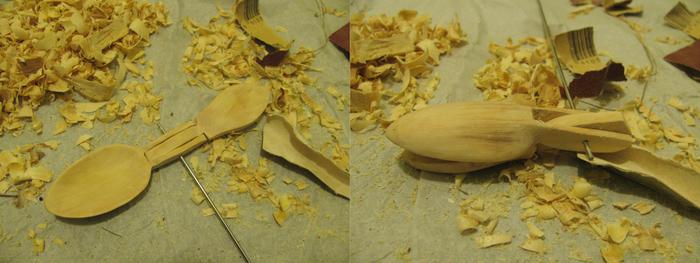 Installing the hinge of the folding spoon, made from a bent bicycle spoke