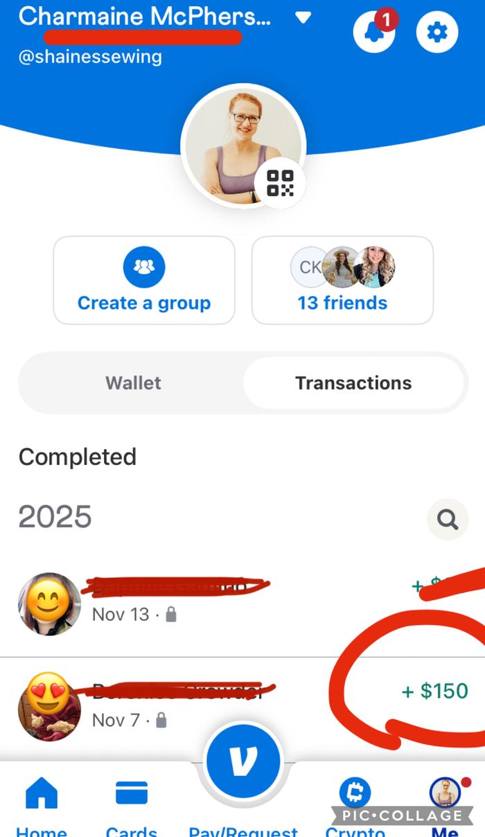 Venmo payment with my name on the top.