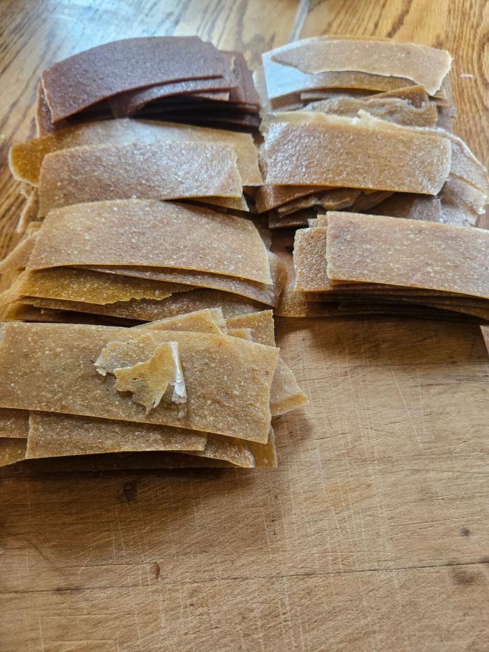 the apples turned into sauce, then fruit leather, then sliced for eating