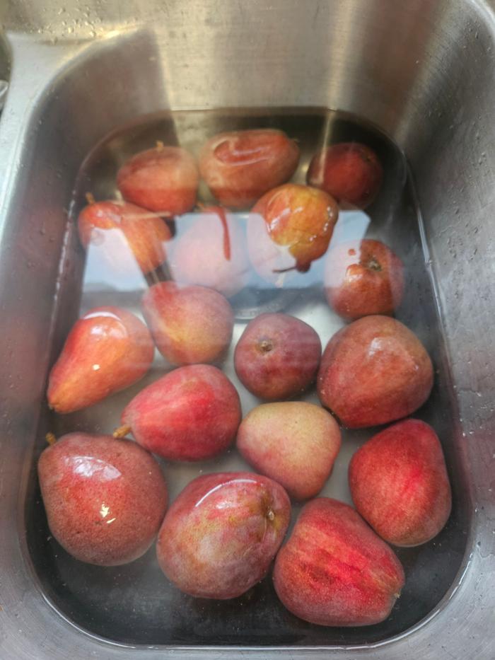 The pears took a vinegar bath in order to store them. This way, they should last more than a month