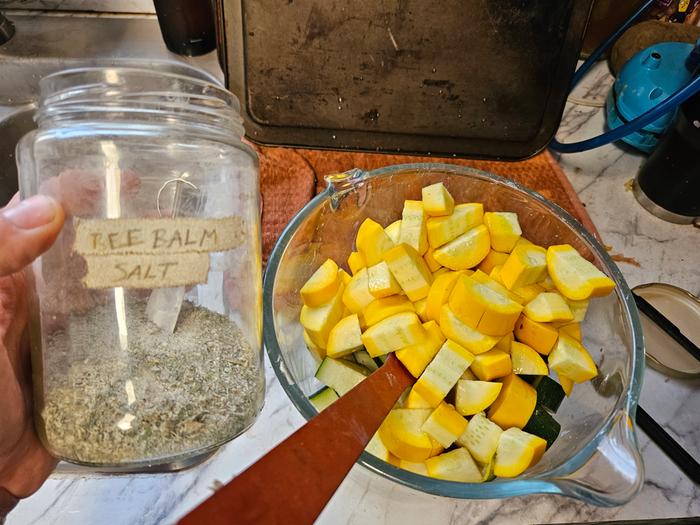 Preparing squash medley with seasoning salt