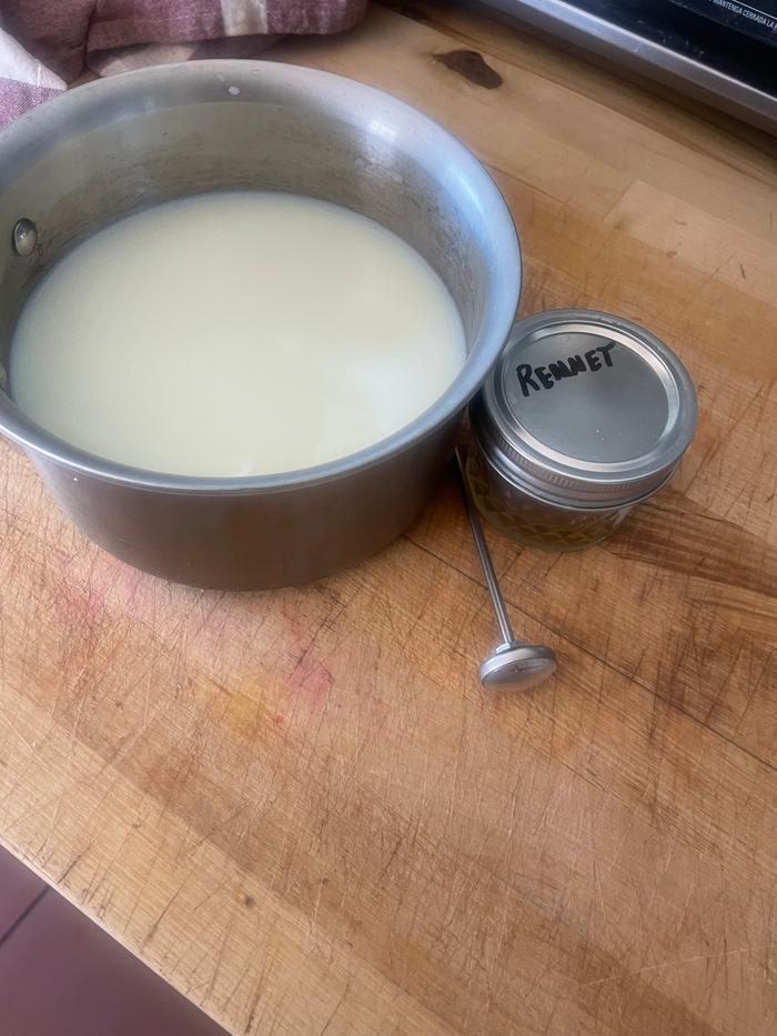 Cottage cheese: I warmed the skimmed milk to 105 F, added 3 drops of rennet and let it sit to firm up, then cut the curd and transferred to a cheese cloth. I let it drain for 30 min then salted it and put it in a container.