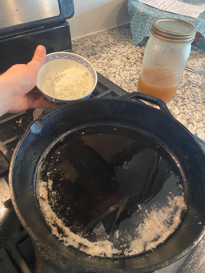 Classic brown gravy- flour, drippings, and chicken stock