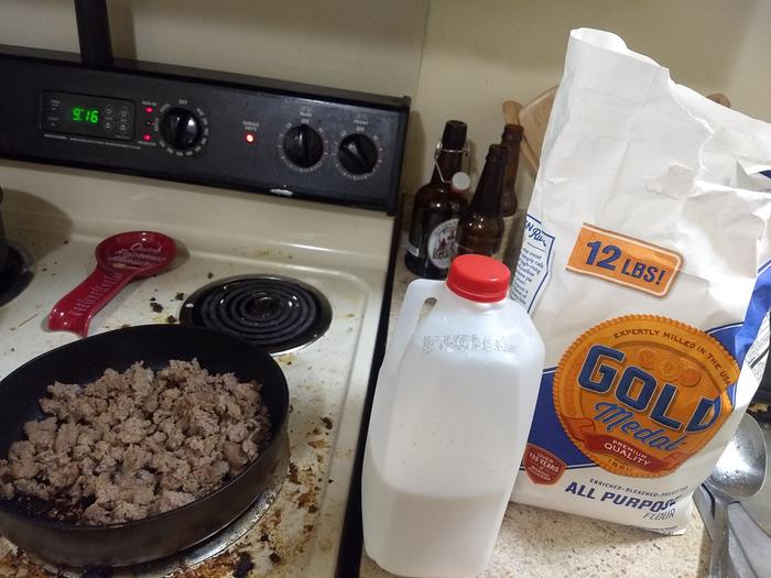 Sausage gravy ingredients - sausage, milk, flour.