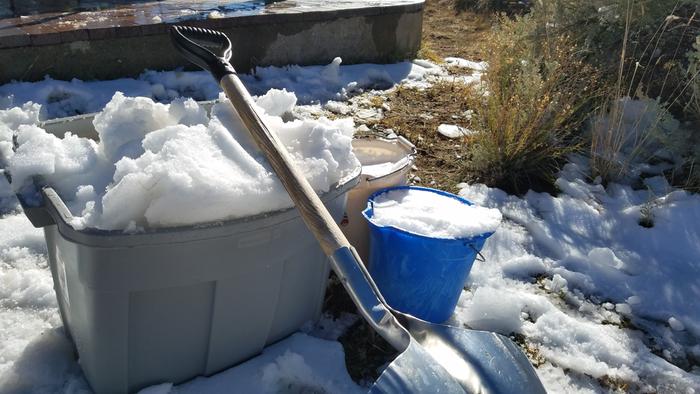 Buckets and tub of collected snow.