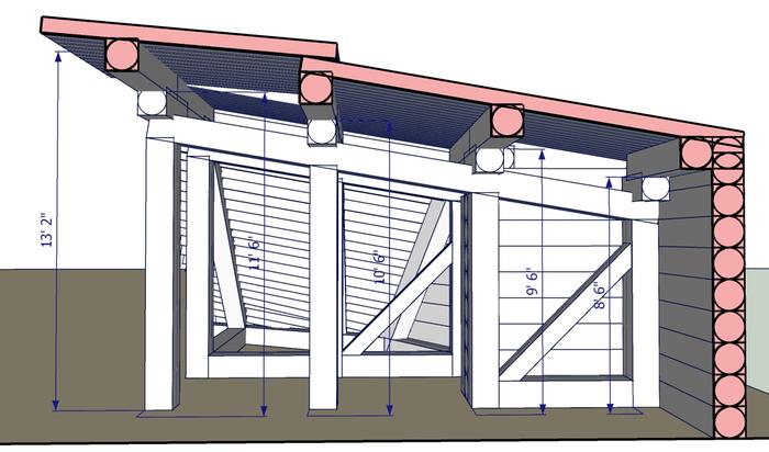 Berm shed section cut with measurements of beam heights.