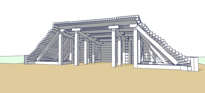 Perspective view of berm shed design from front.