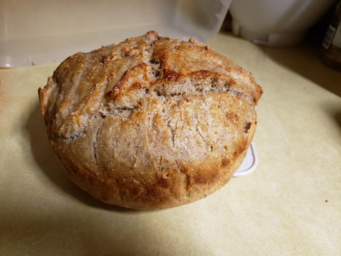 I got a smaller ceramic-coated cast iron pot, so the loaf is now taller with a smaller footprint.