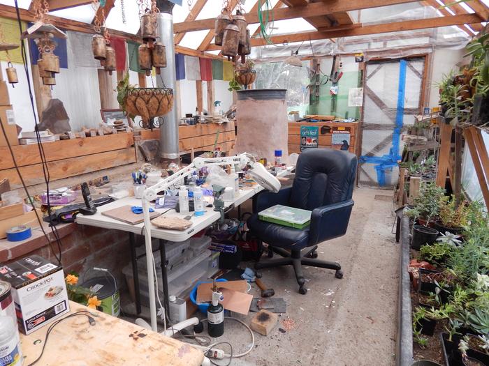 greenhouse interior with desk