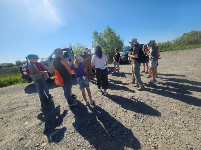 Im in overalls in the back middle, explaining using our senses for plant ID