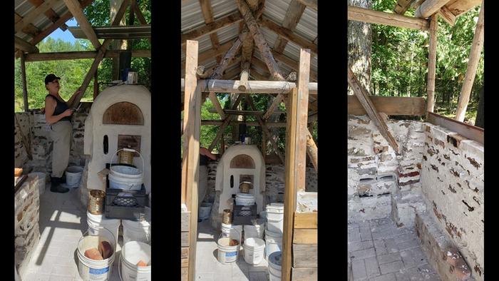 a rocket pizza oven at Kate Michaud's place in a timberframe shelter