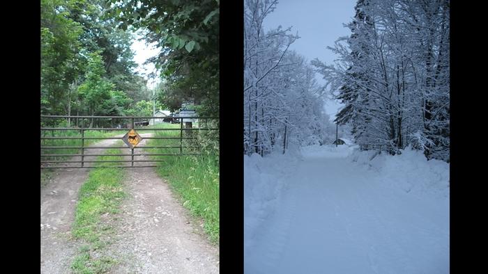 A driveway with gate in summer and covered with snow in winter