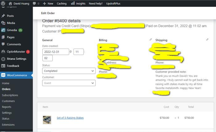 Part one showing the order as seen from my website control panel.