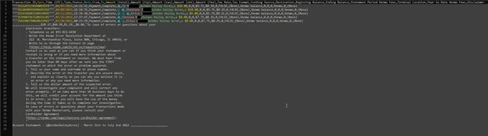 Annotated detail of raw csv file from Venmo