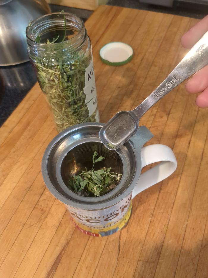 Putting the dried alfalfa in the tea strainer.