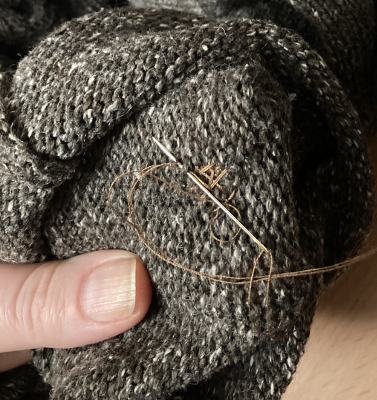 Mending in Process - hole is 1/2 size with reknit complete - stitching 