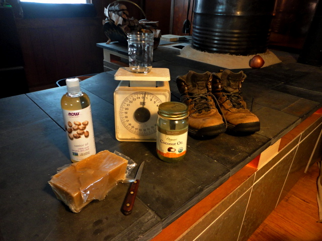 My boots and the materials and supplies to make the leather balm.