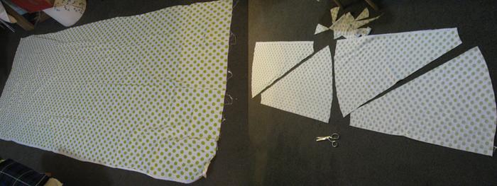 Laying out the fabric, folding in half, and cutting the gores (6 in total, two are along the fold)