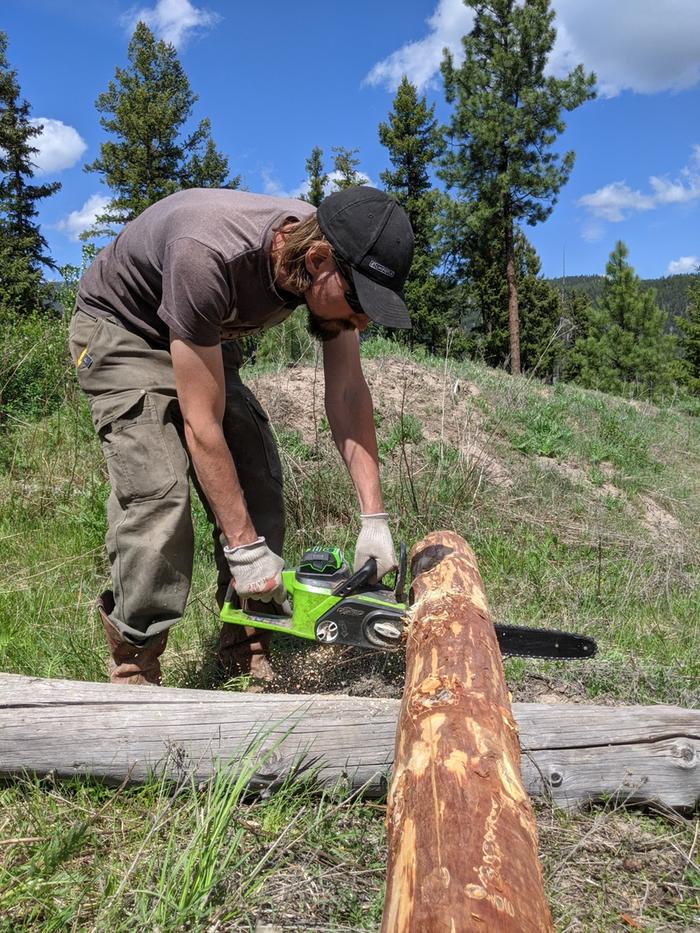 Chris cutting the piece for the beam support