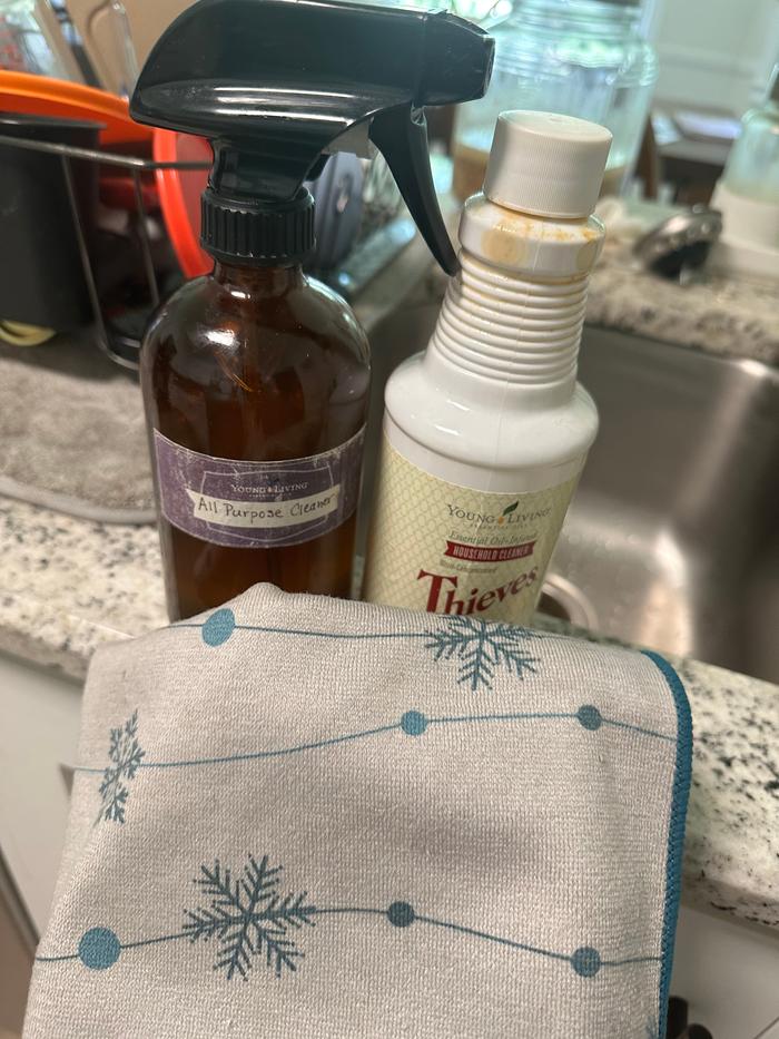 My homemade all purpose cleaner is just a capful of Young Living Thieves Cleaner and water