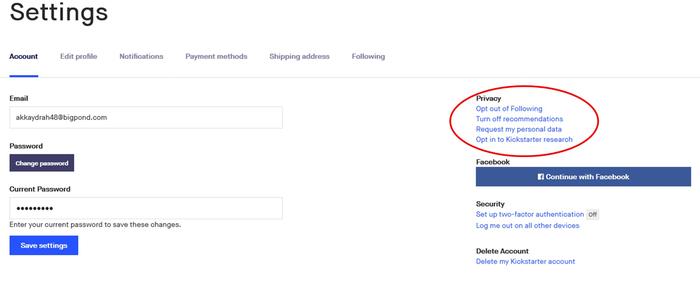 Where the settings are on Kickstarter to change what and how you receive information from Kickstarter (my account)