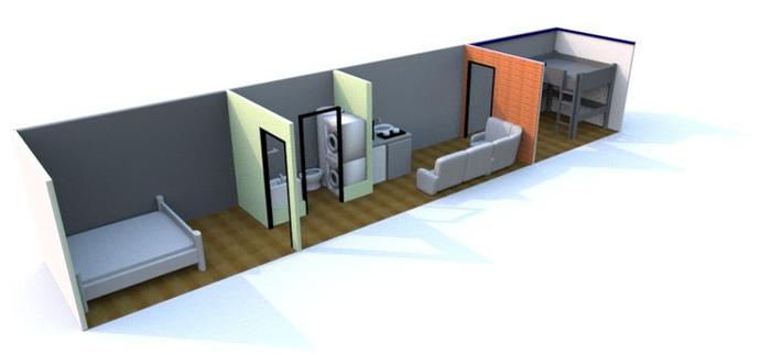 a 1-2 bedroom house built inside a 45' High cube Shipping container