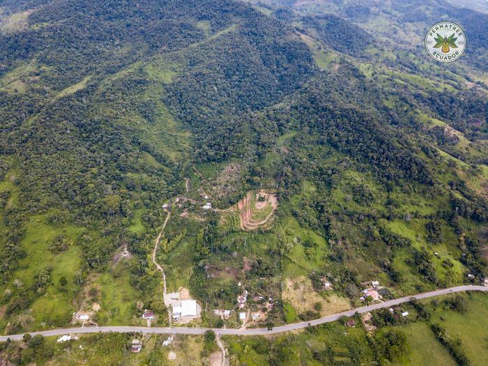 Birdview from 500 meters above of the tropical permaculture farm on a steep hill in Ecuador
