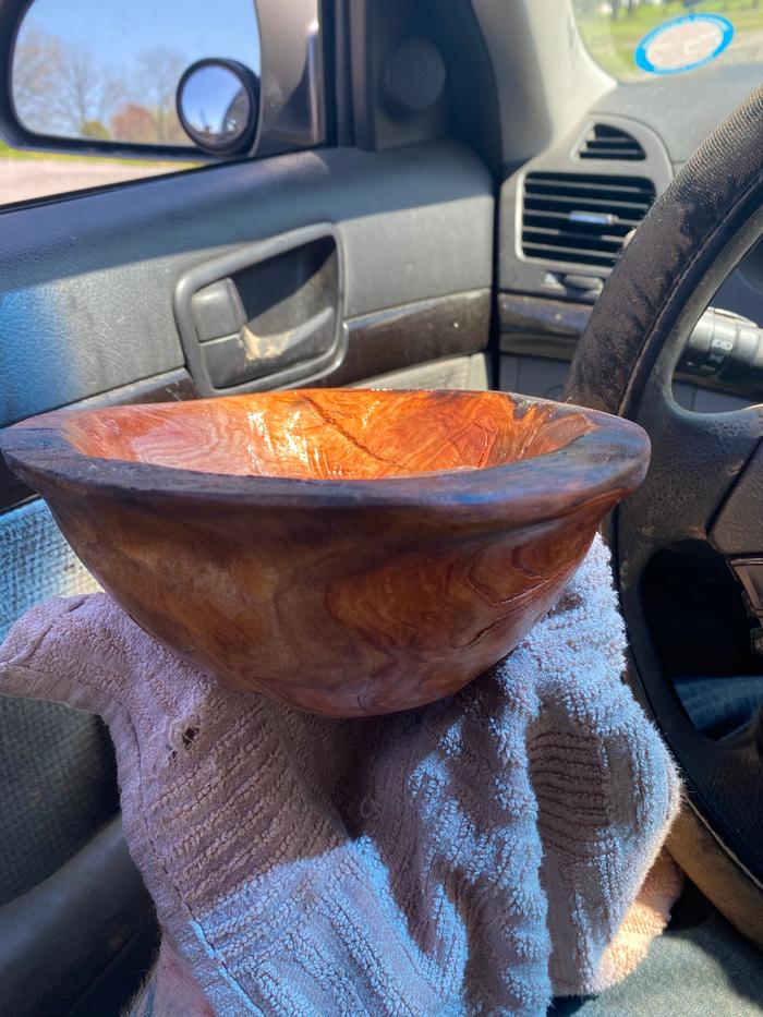 Black walnut Burl into a bowl. Chainsaw and sand paper! That’s it!