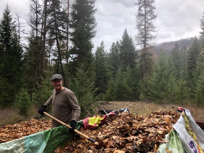 Caleb and I laying the mulch on thick on Fred’s plot