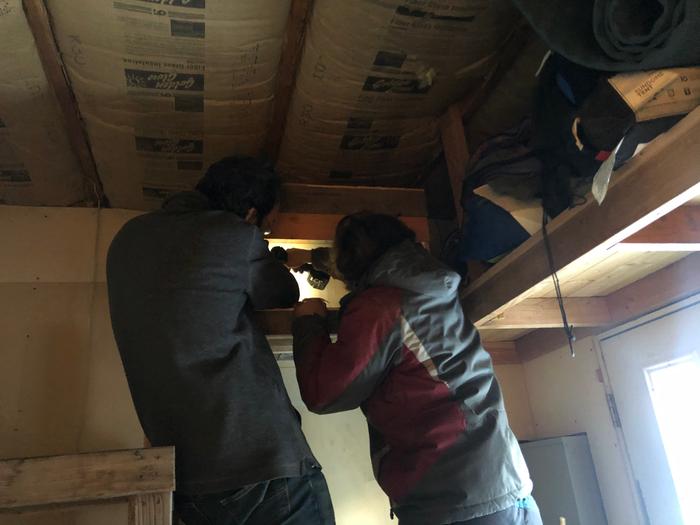 Jeff and grey mounting the new cat house inside the library. It’ll have a hole open to the outside so the cats can have both a safe and warm place to rest :) There will also be a window so that we can see them 