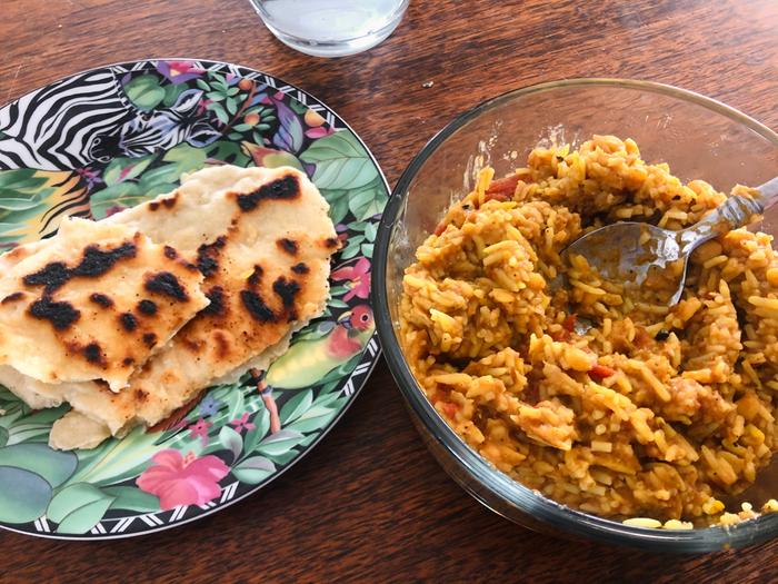 Homemade chana masala and poly dough naan