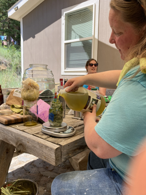 adding oil to jar of mullein leaf pieces