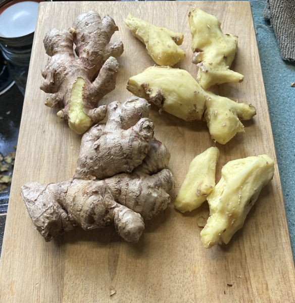 ginger: organic, store-bought, peeled then sliced