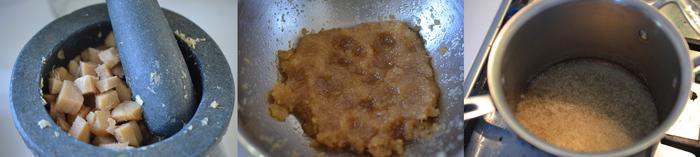 Grinding the ginger cubes, adding sugar, blooming gelatin