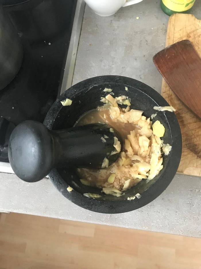 I mashed the ginger for better juice extraction.