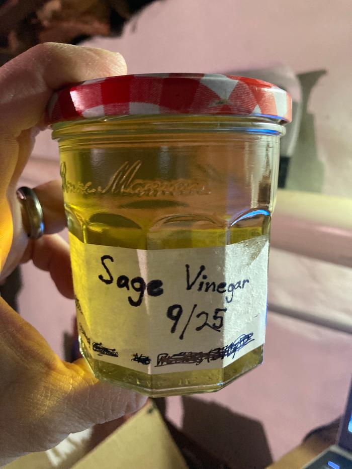 Finished Sage vinegar in it’s labeled jar